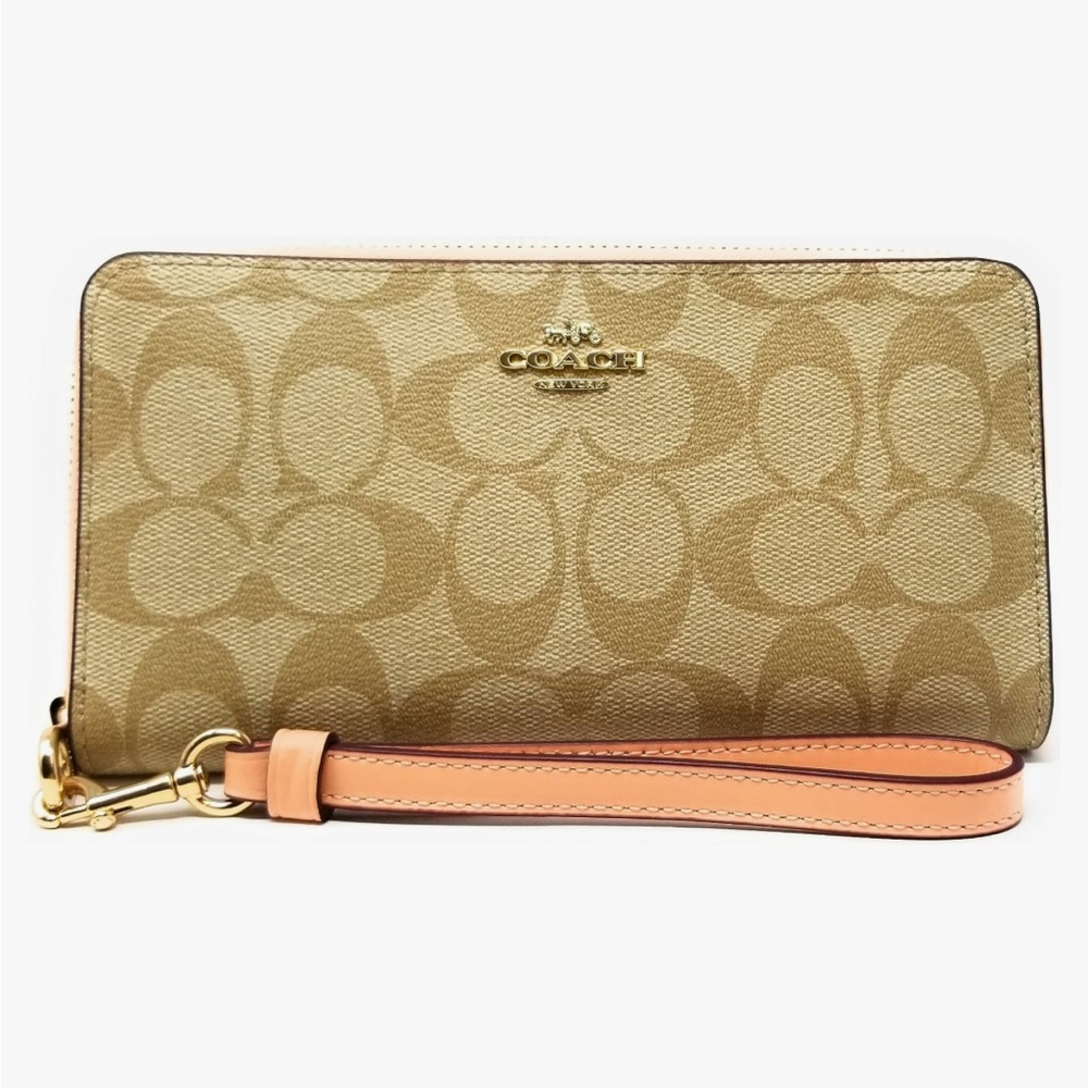 COACH Long Zip Around Wallet In Signature Canvas-Light Khaki - Faded Blush